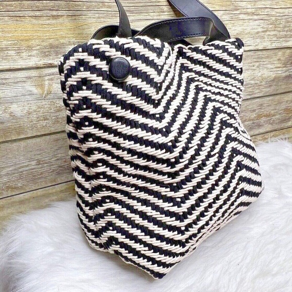 ZARA Woven Crochet Beige Black Cotton Bohemian Purse Shoulder Bag Tote - Picture 2 of 12